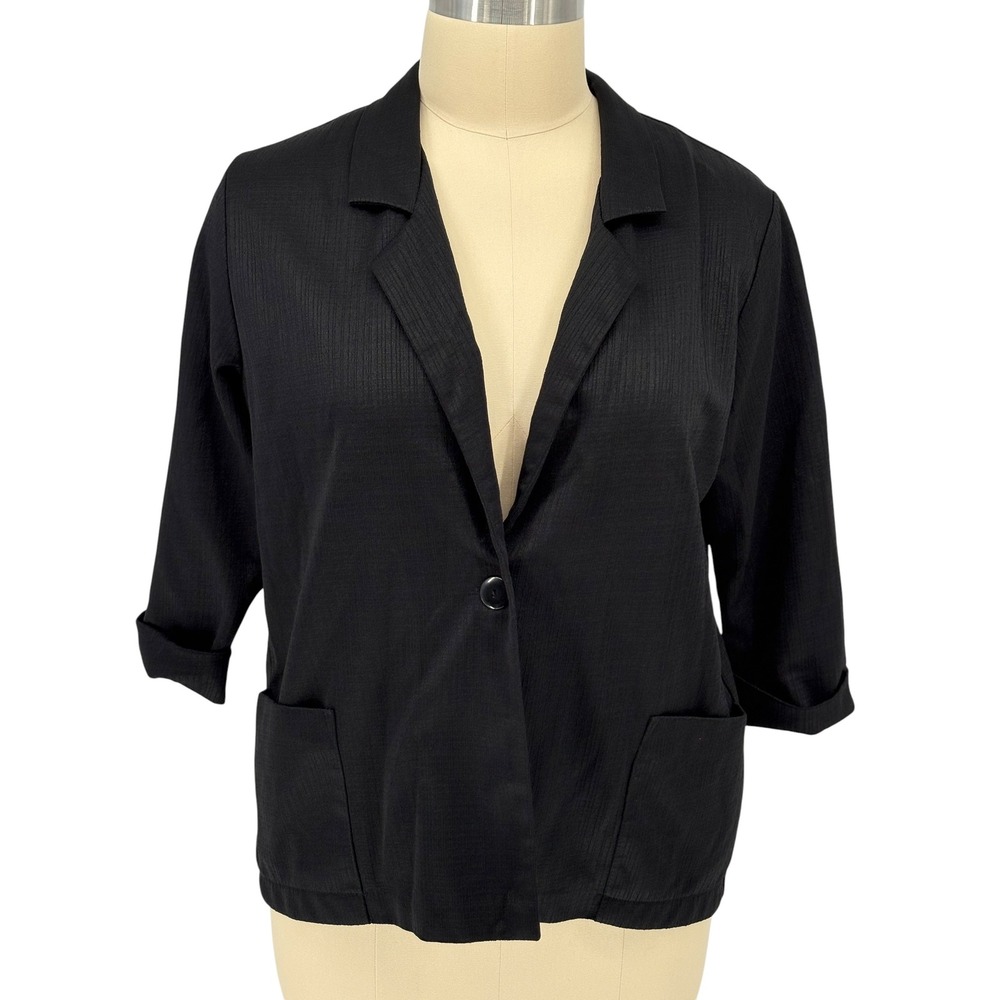 Haband Blazer Jacket Black Single Button Cuffed 3/4 Sleeve XL